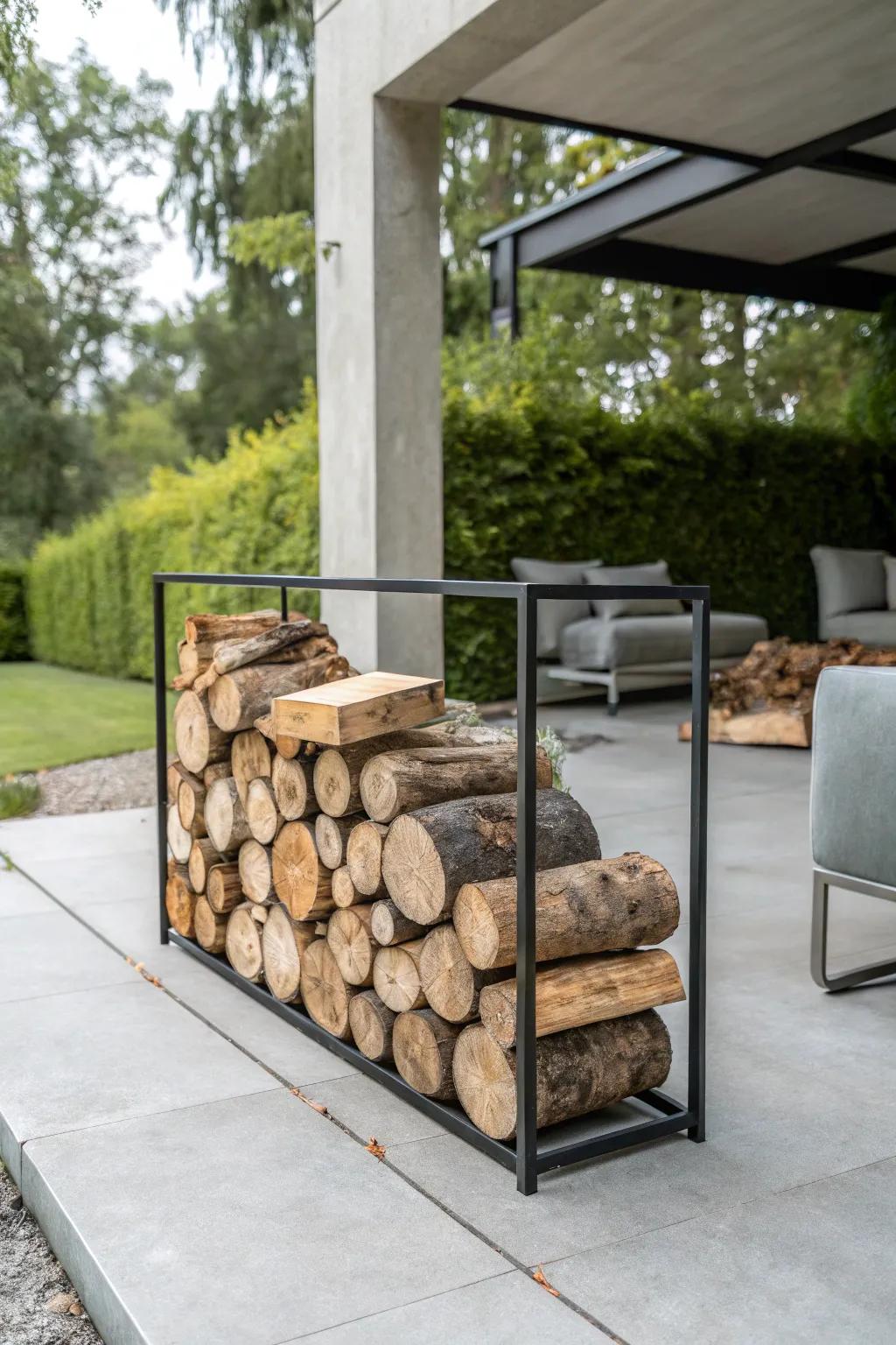 A sleek, modern firewood rack for minimalist design.