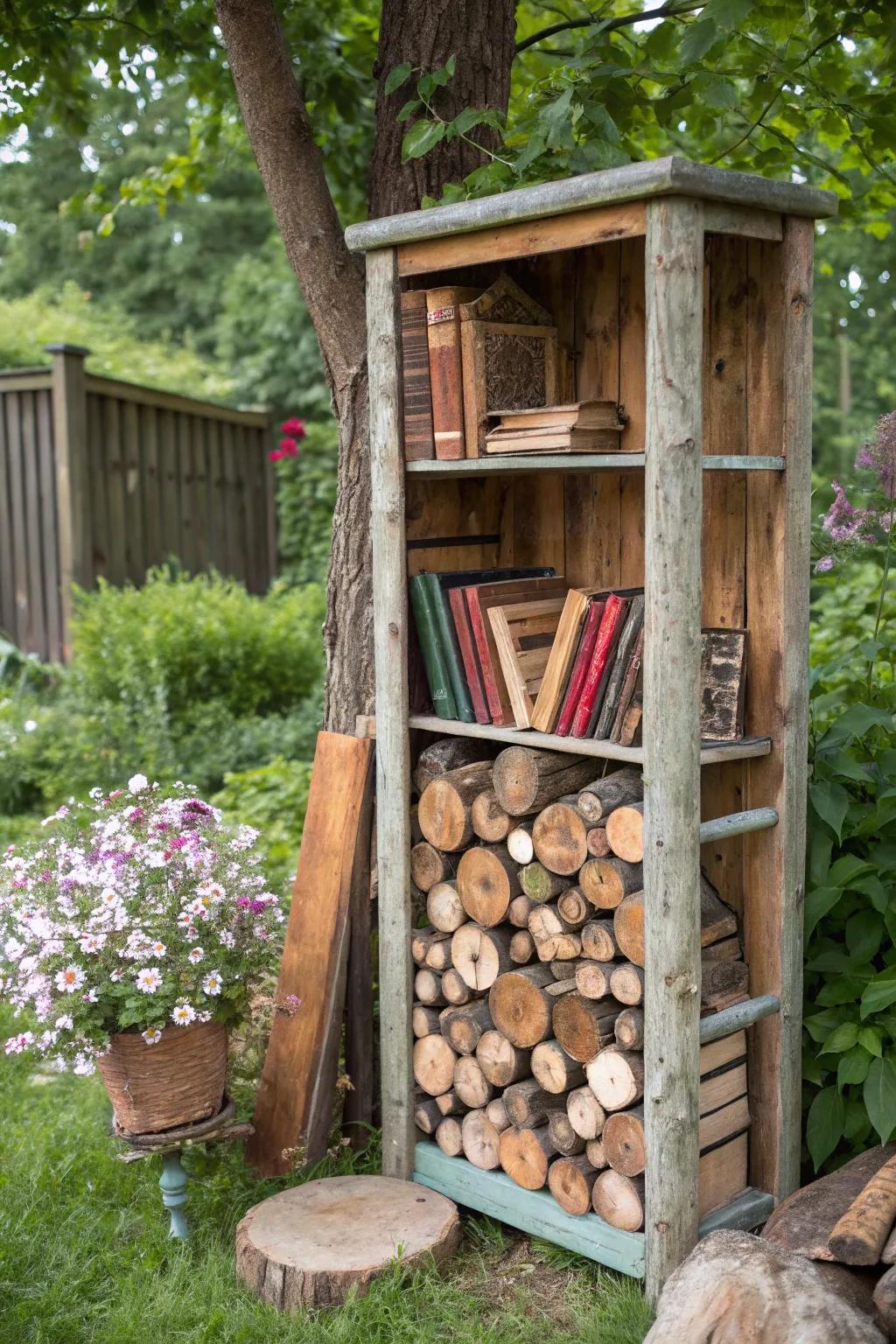 Repurposed bookshelf for firewood storage.