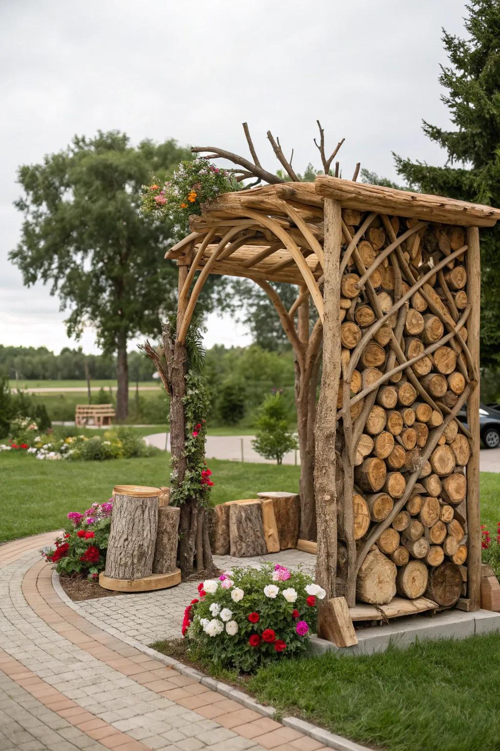 Artistic firewood sculpture for a unique outdoor feature.