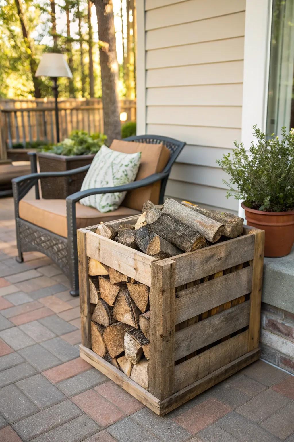 Efficient corner crate for firewood storage.