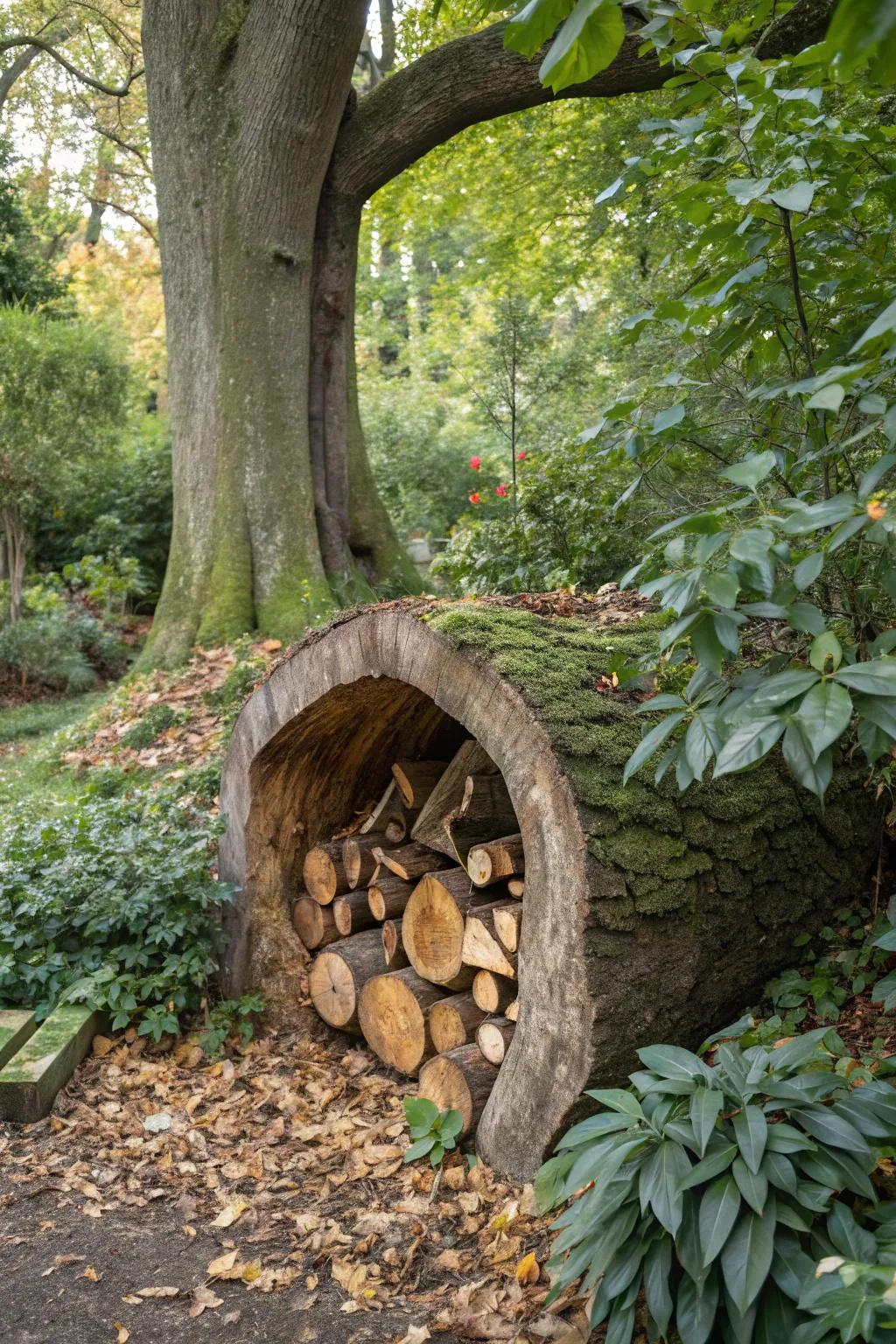 Unique tree stump firewood storage.