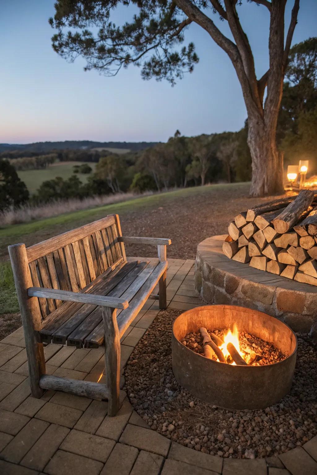 Dual-purpose bench with firewood storage.