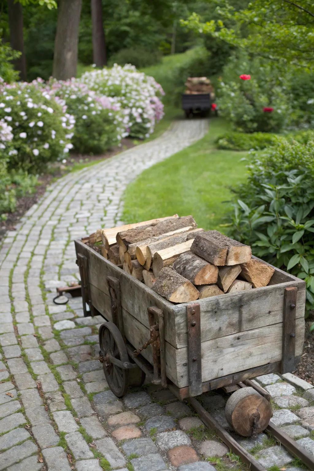 A decorative firewood cart with vintage charm.
