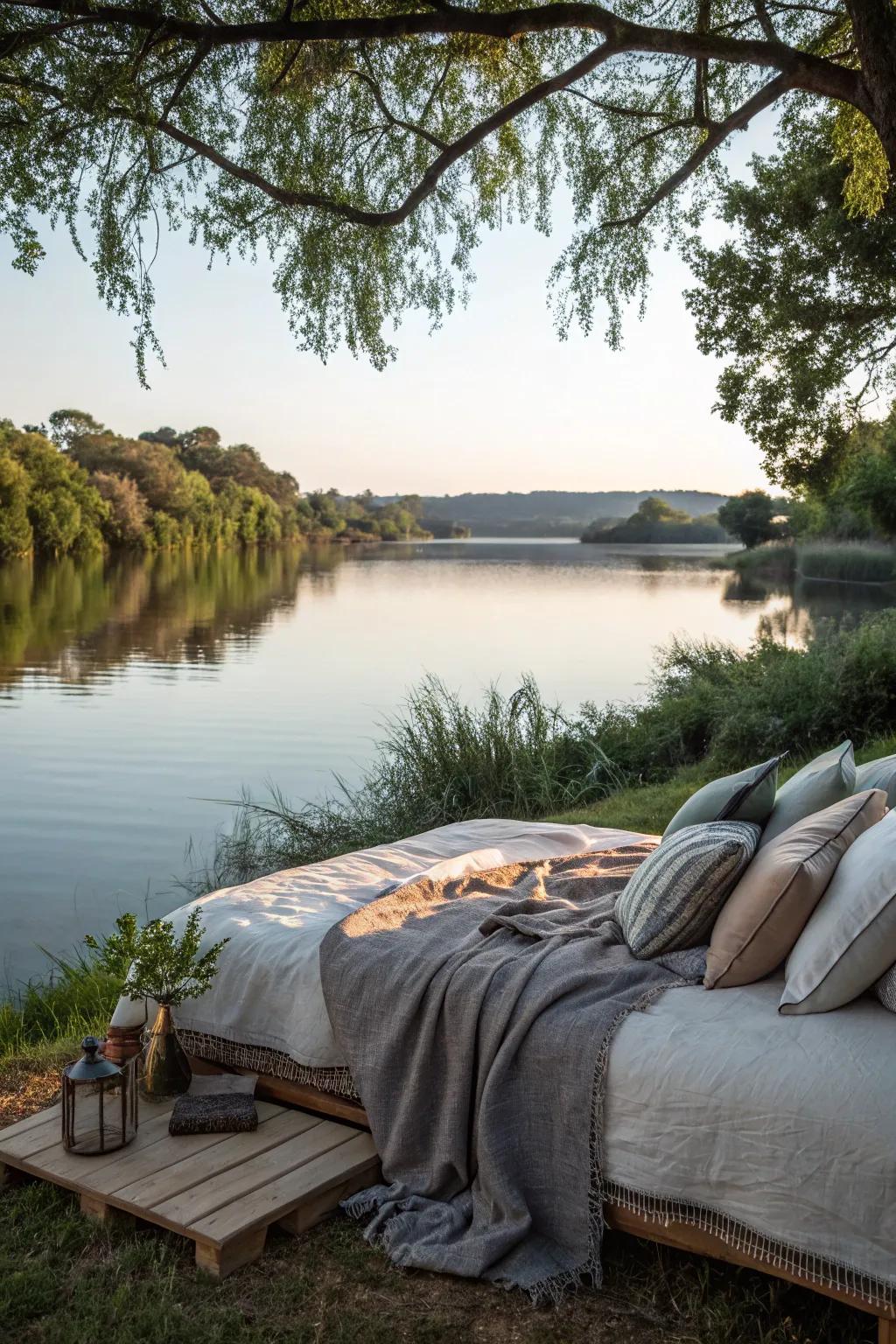 Relax by the water with a waterfront outdoor bedroom.