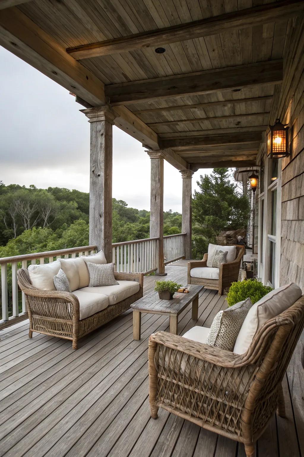 A deck porch combining rustic elements with elegant touches.