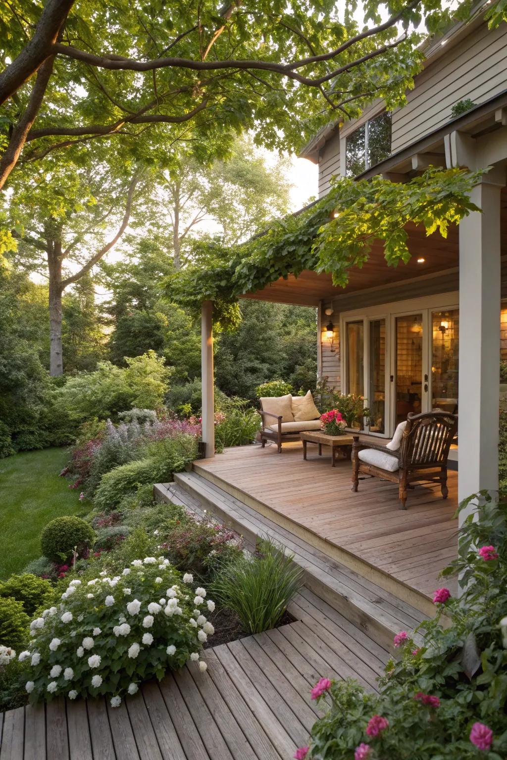 A deck porch beautifully integrated into a lush garden.