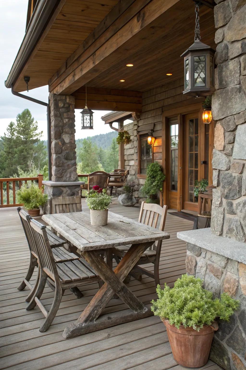 A rustic deck porch with wood and stone elements offering a cozy retreat.