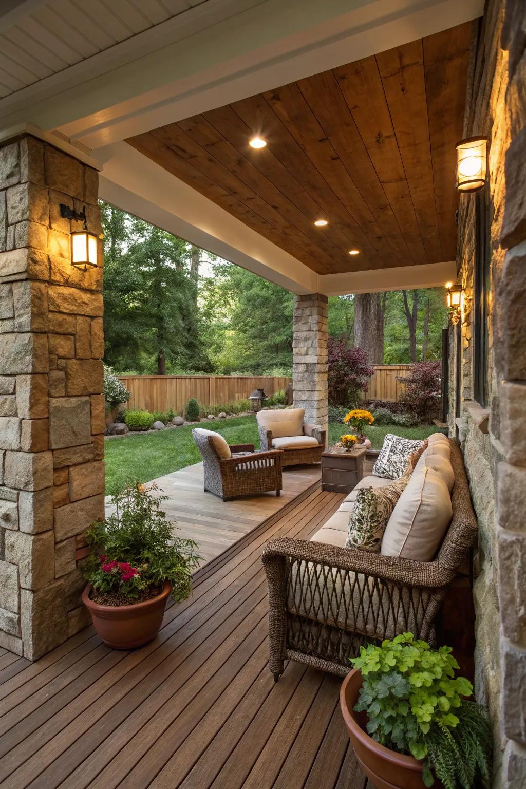 A deck porch with natural stone elements for an earthy look.