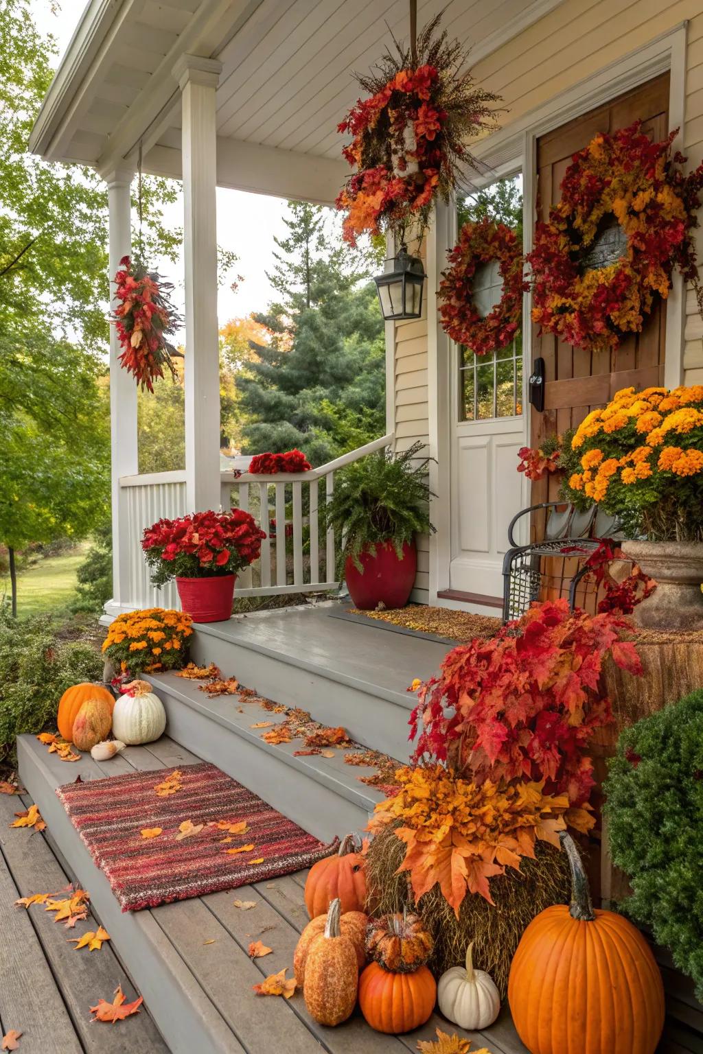 A deck porch with decor that changes with the seasons for year-round freshness.