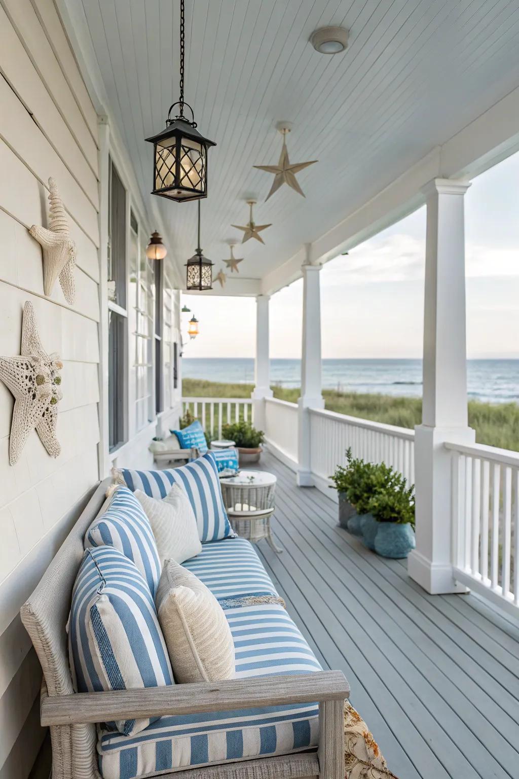 A coastal-themed deck porch with light, breezy decor.