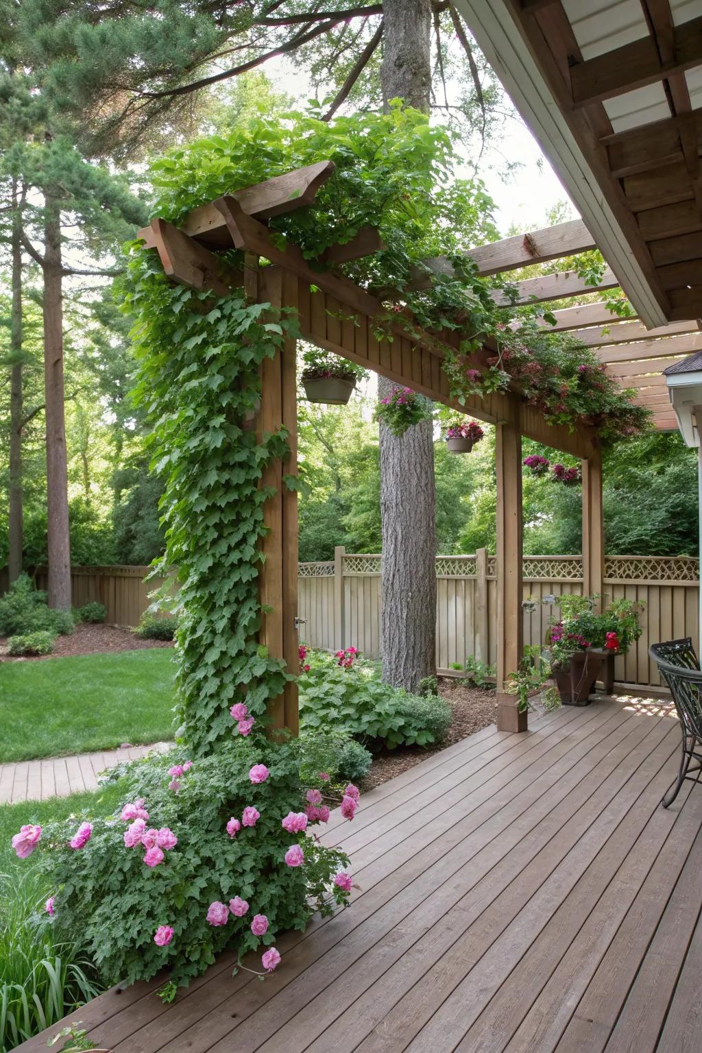 A pergola-covered deck porch adorned with climbing greenery.