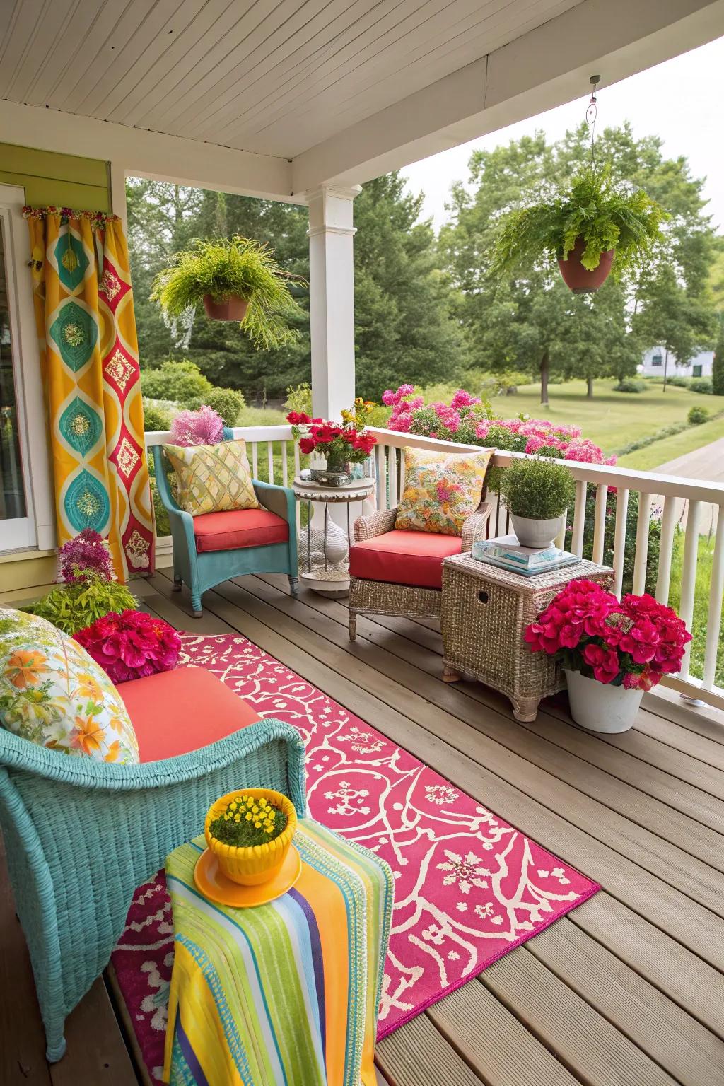 A lively deck porch with bold pops of color for a fun vibe.