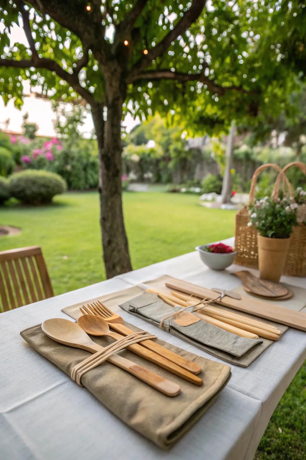 Biodegradable utensils adding an eco-friendly touch to outdoor dining.