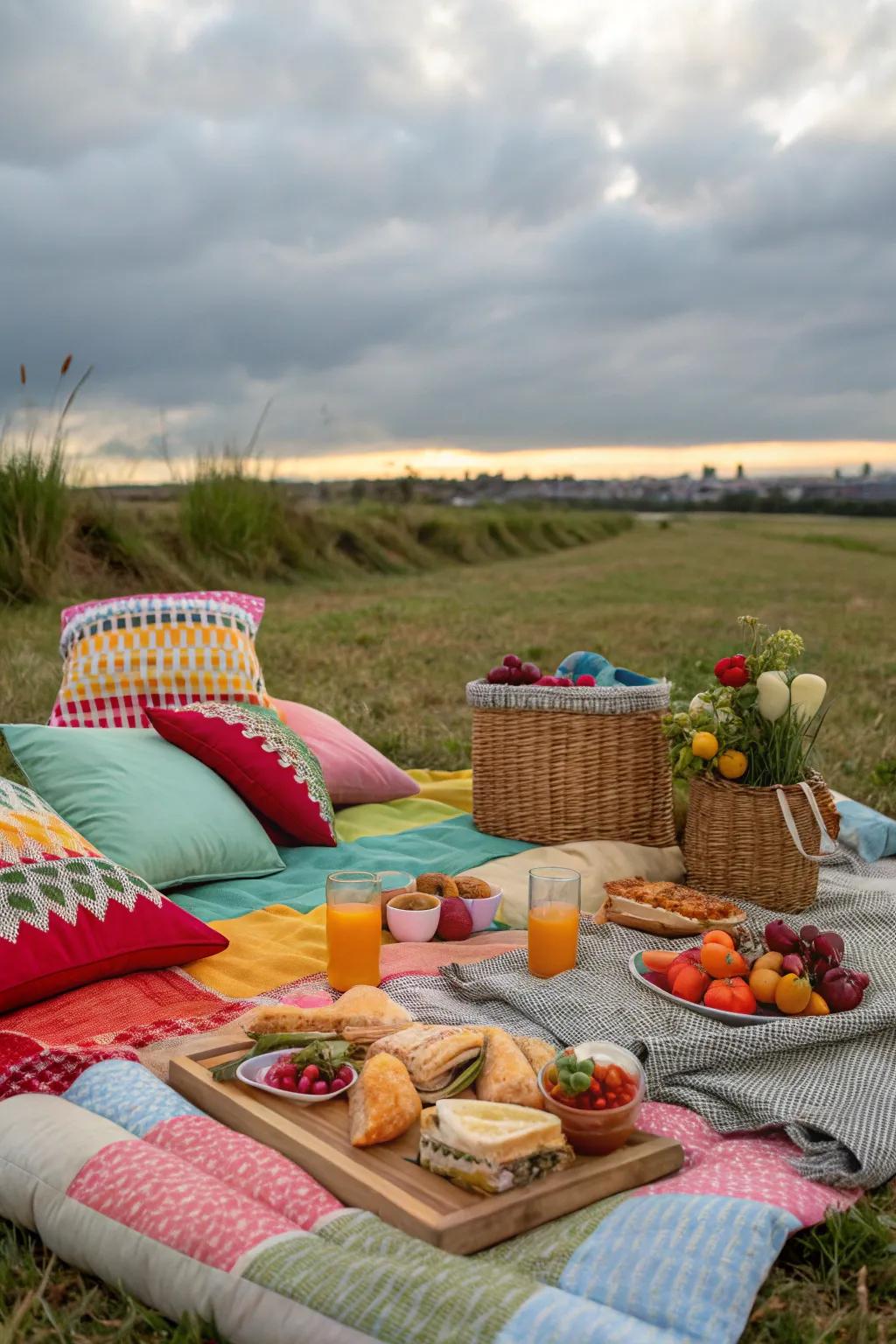 A cozy picnic setup with colorful blankets and cushions on the grass.