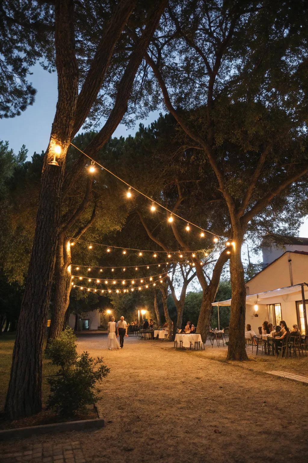 String lights casting a warm glow over an evening garden party.
