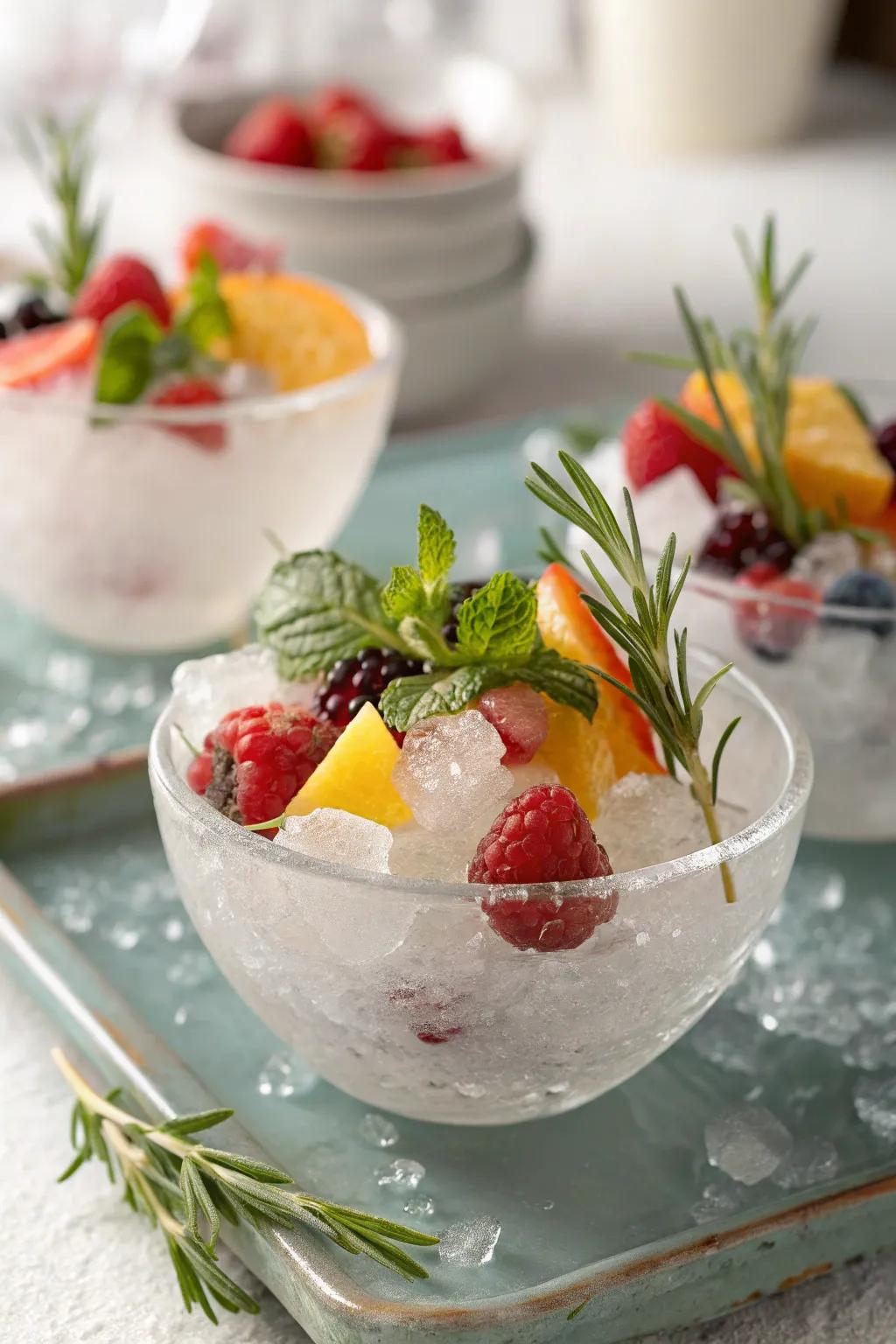 Elegant ice displays that keep drinks cool and enhance the aesthetic.