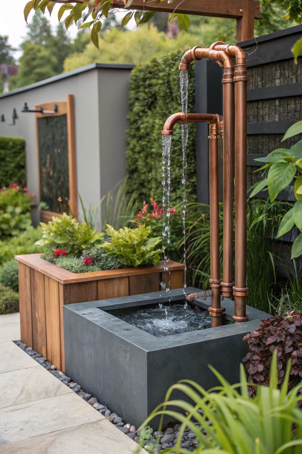 Crafty copper pipes offer a unique industrial look for garden fountains.