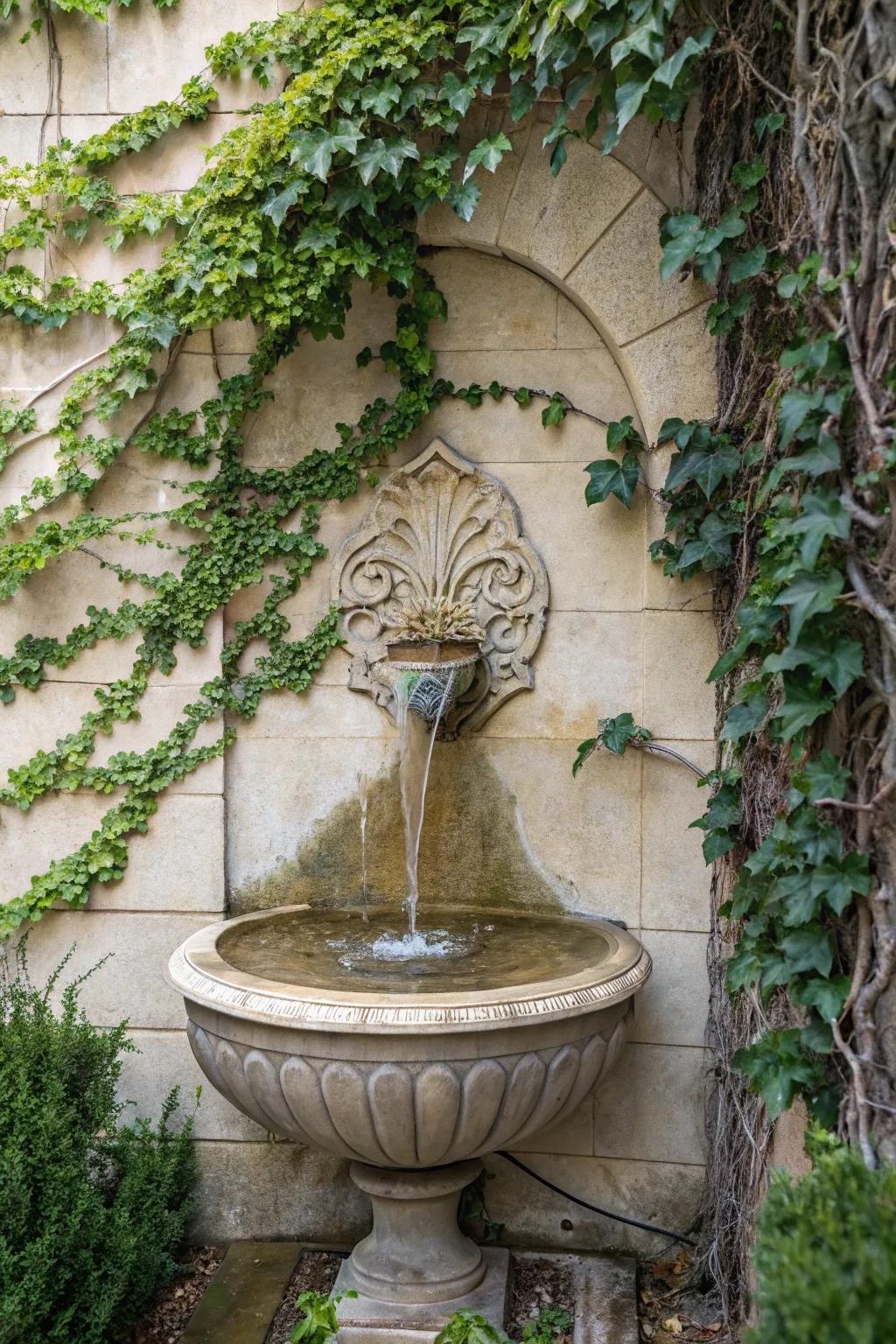 An artistic wall-mounted spout serves as both decoration and function.