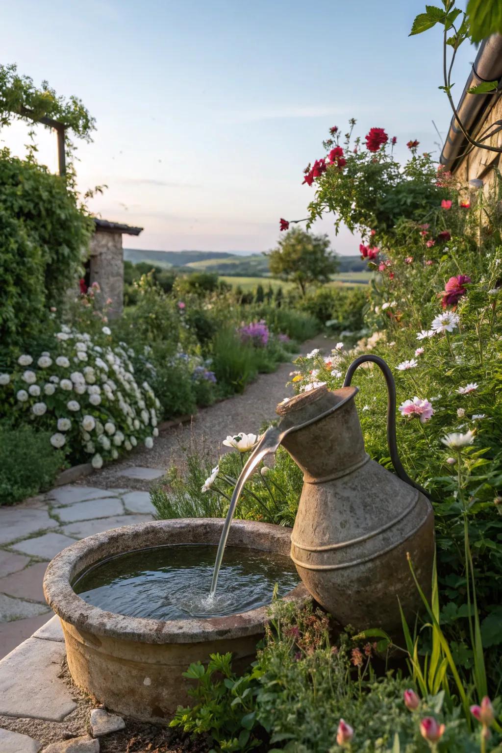 A vintage jug pouring water adds whimsy and charm to any garden.
