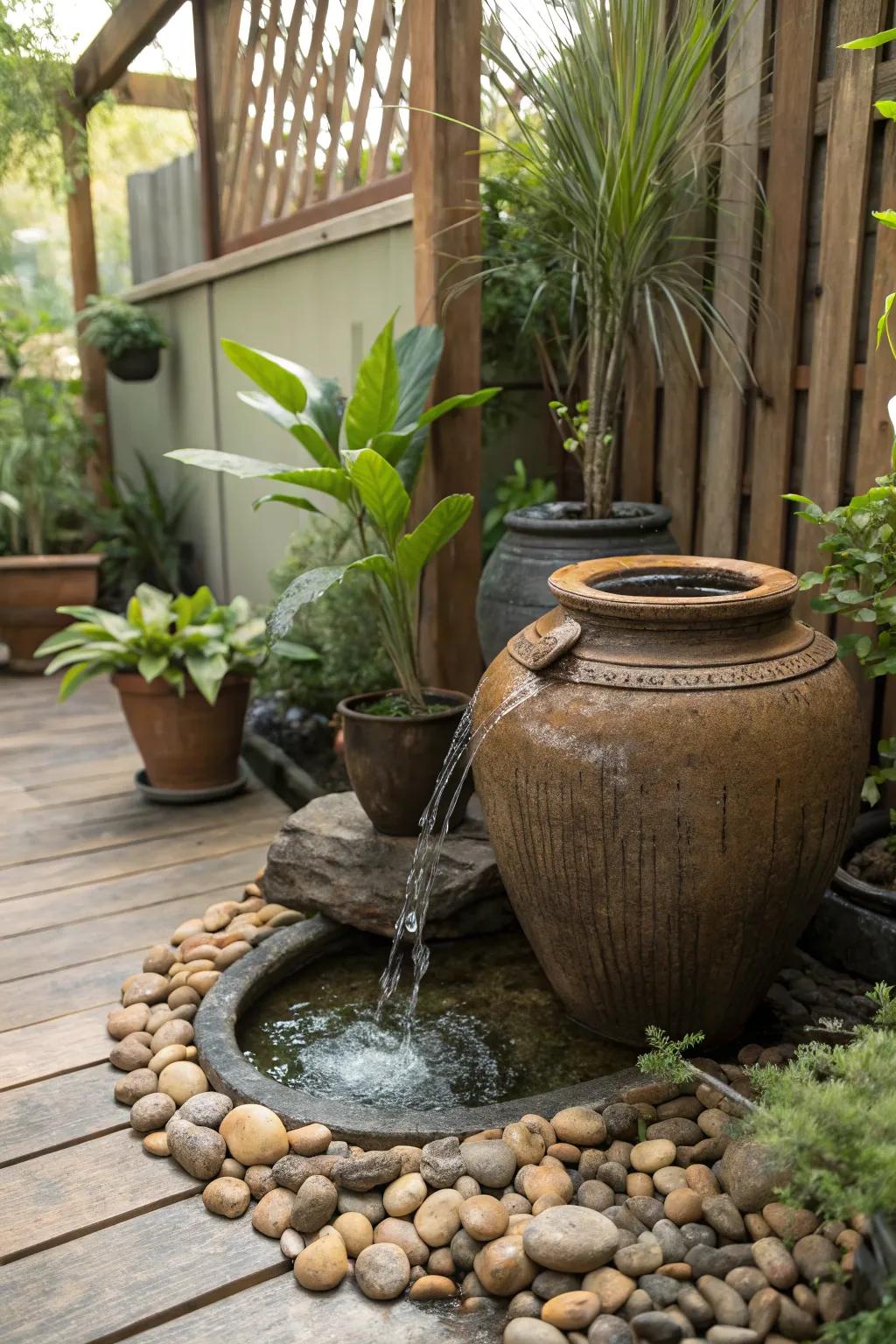 A tilted pot adds rustic elegance with its flowing water feature.