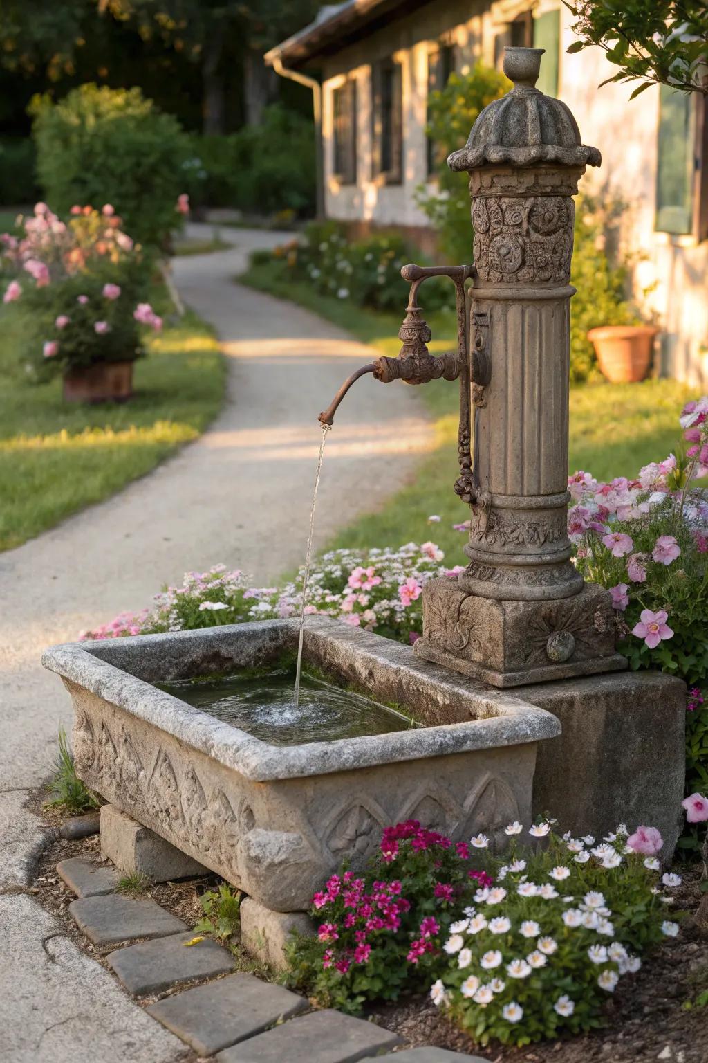 Vintage charm comes alive with an old-fashioned faucet style fountain.
