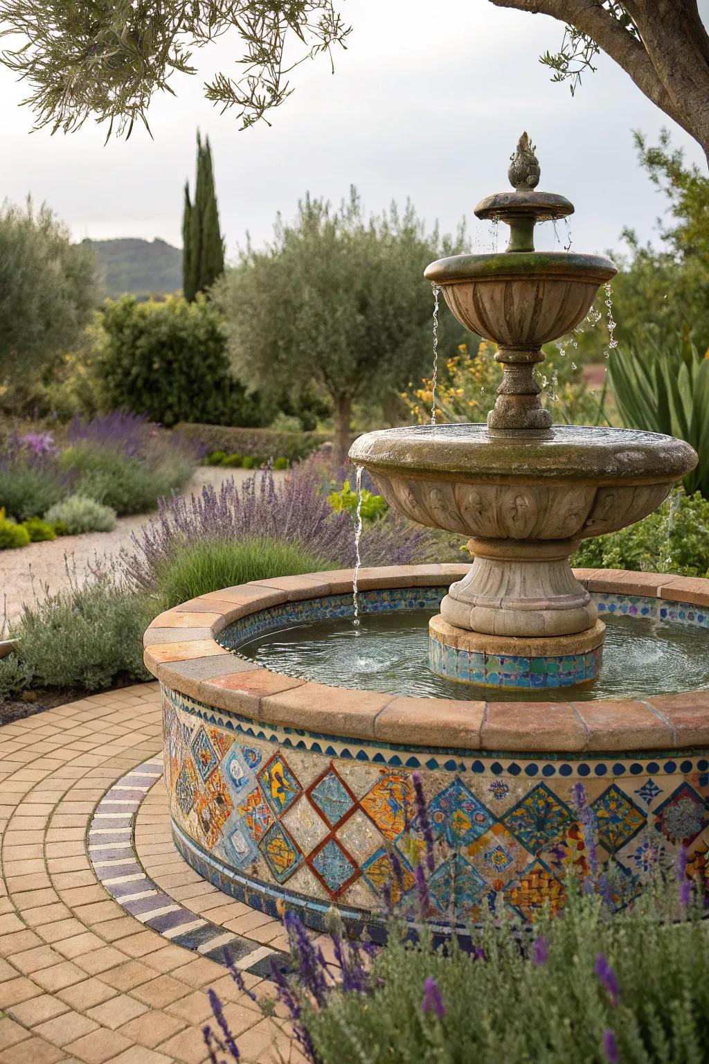 A mosaic tile fountain adds vibrant color and artistry to any garden space.