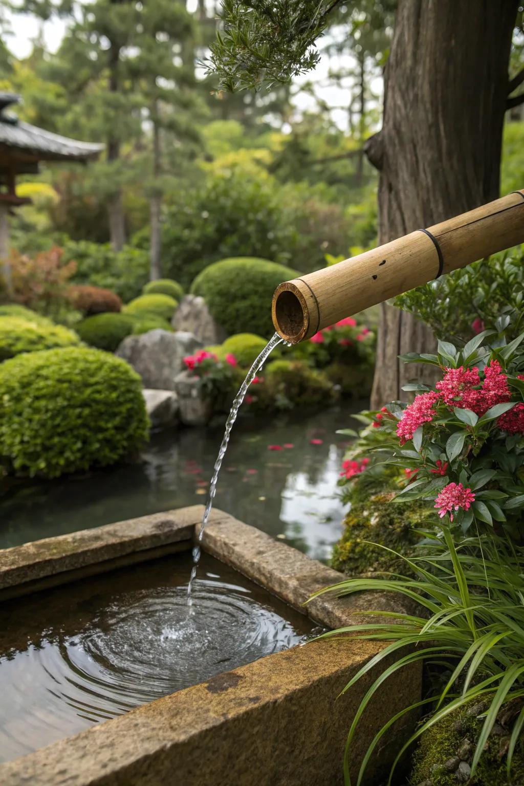 A bamboo spout offers a minimalist, natural touch to garden fountains.