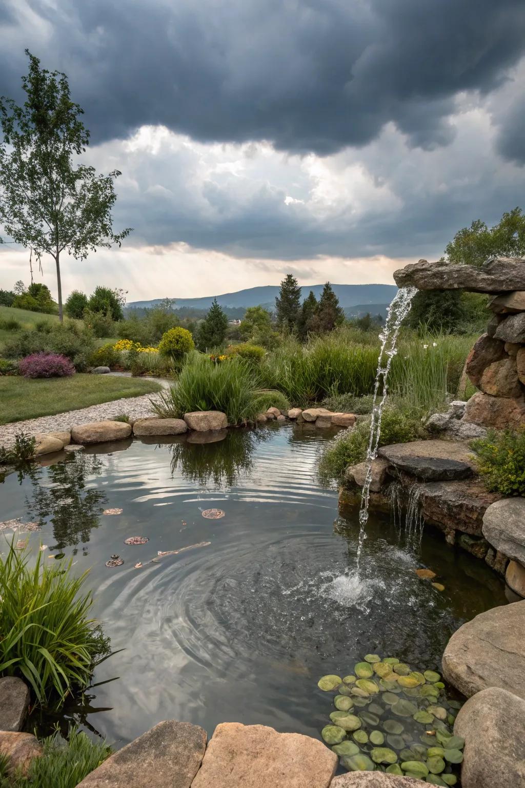 A natural pond with a spout brings tranquility to your garden.
