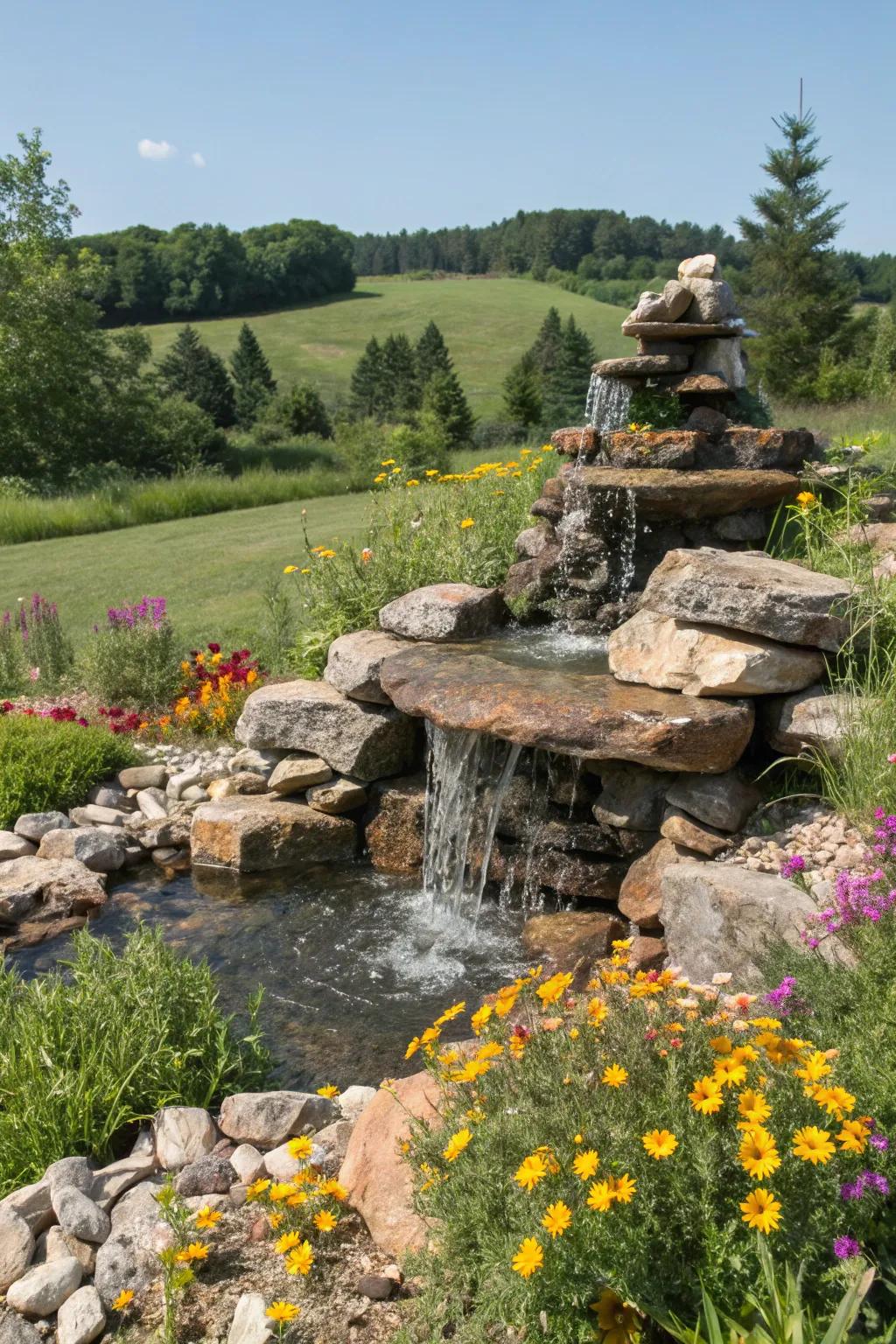 A tiered rock fountain brings the soothing sound of nature home.