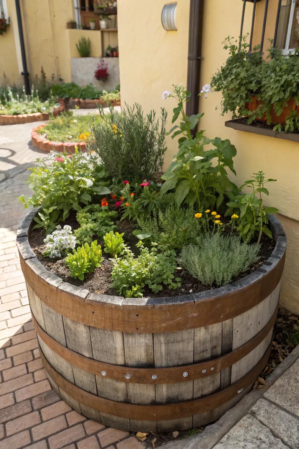 Upcycled materials can create unique and eco-friendly garden beds.