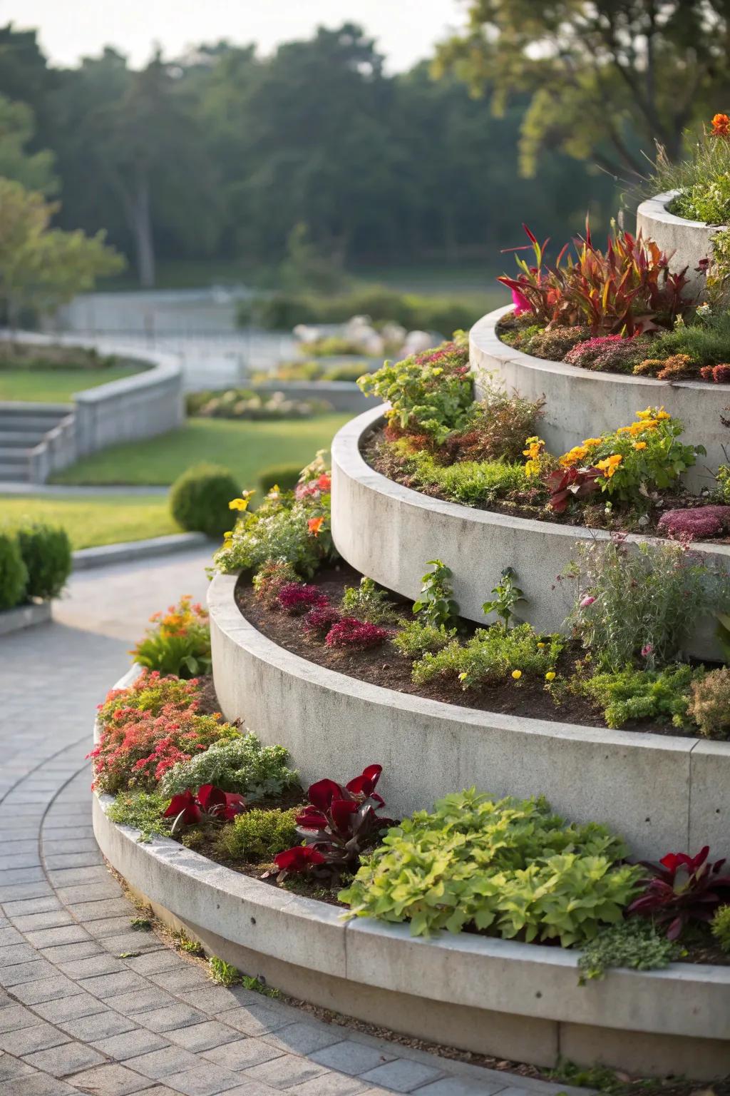 Spiral beds maximize space and visual interest.