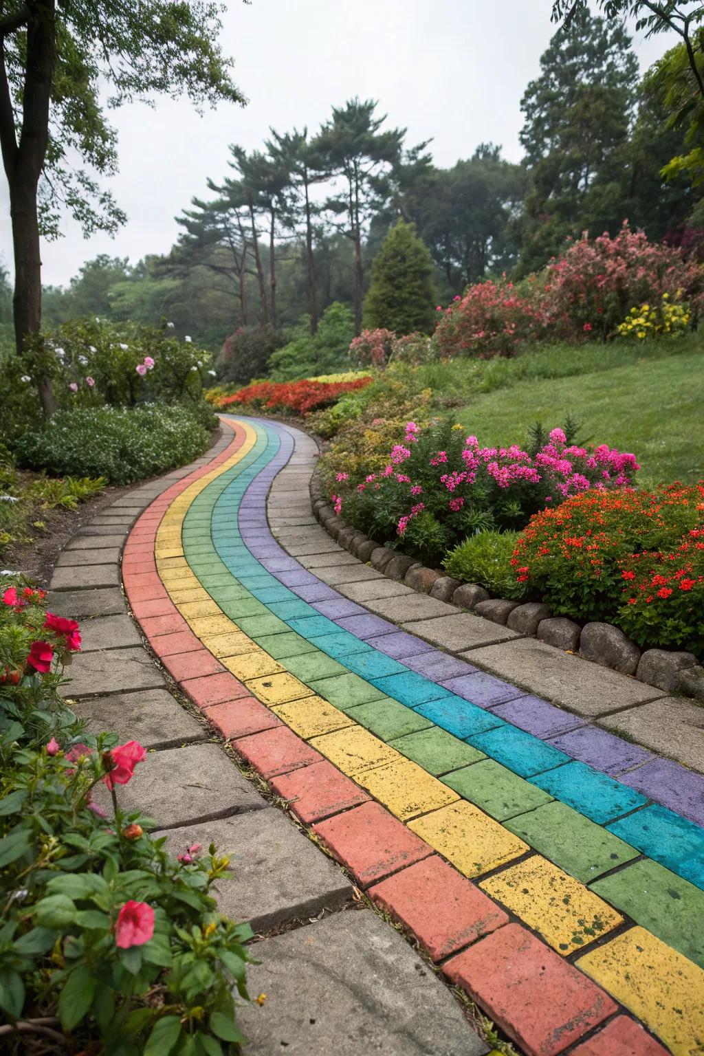 Rainbow-hued pavers creating a joyful and colorful garden path.