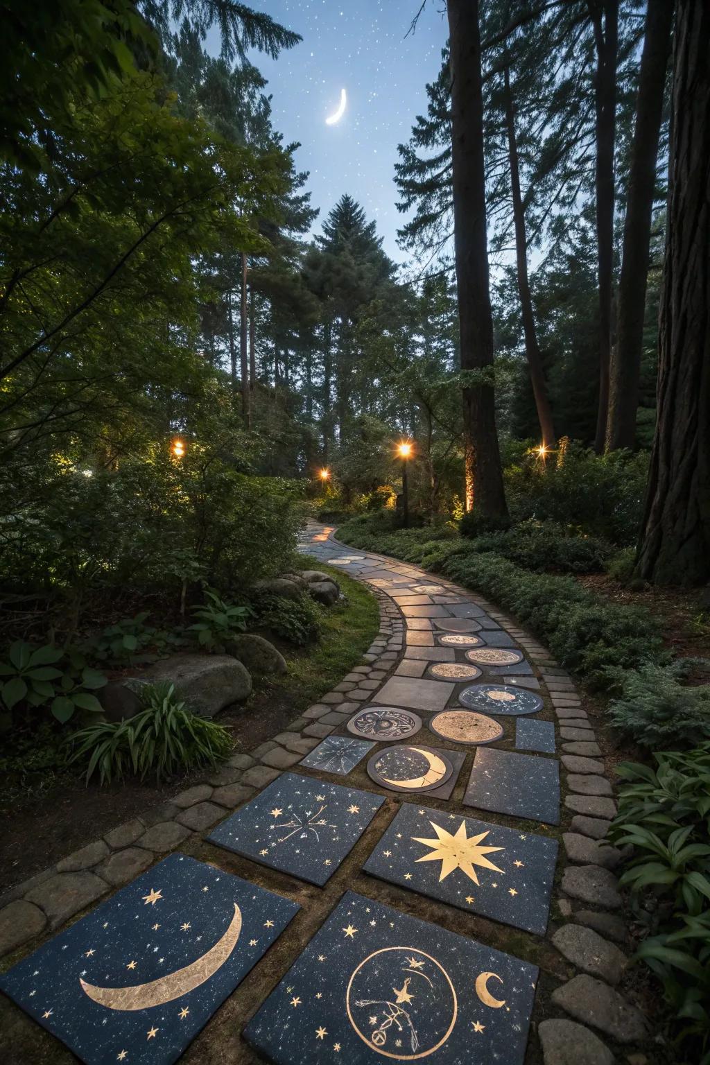 Celestial night sky-themed pavers offering a touch of magic to evening strolls.