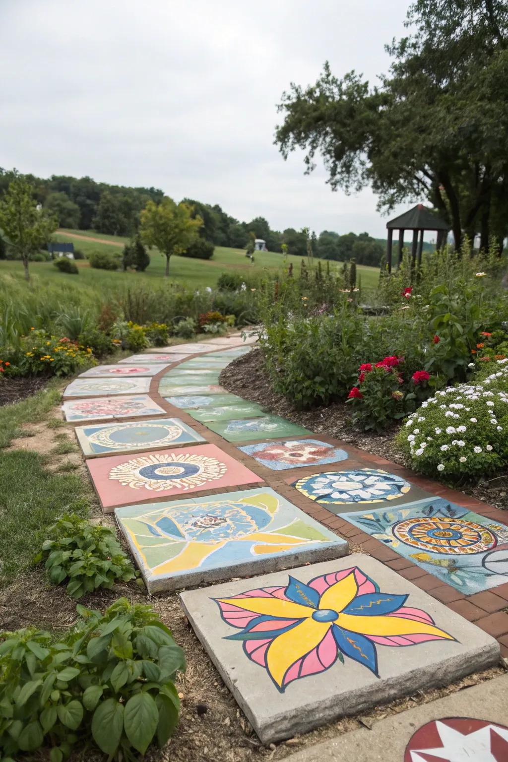 Abstract art on pavers adding a splash of personal creativity to the garden.
