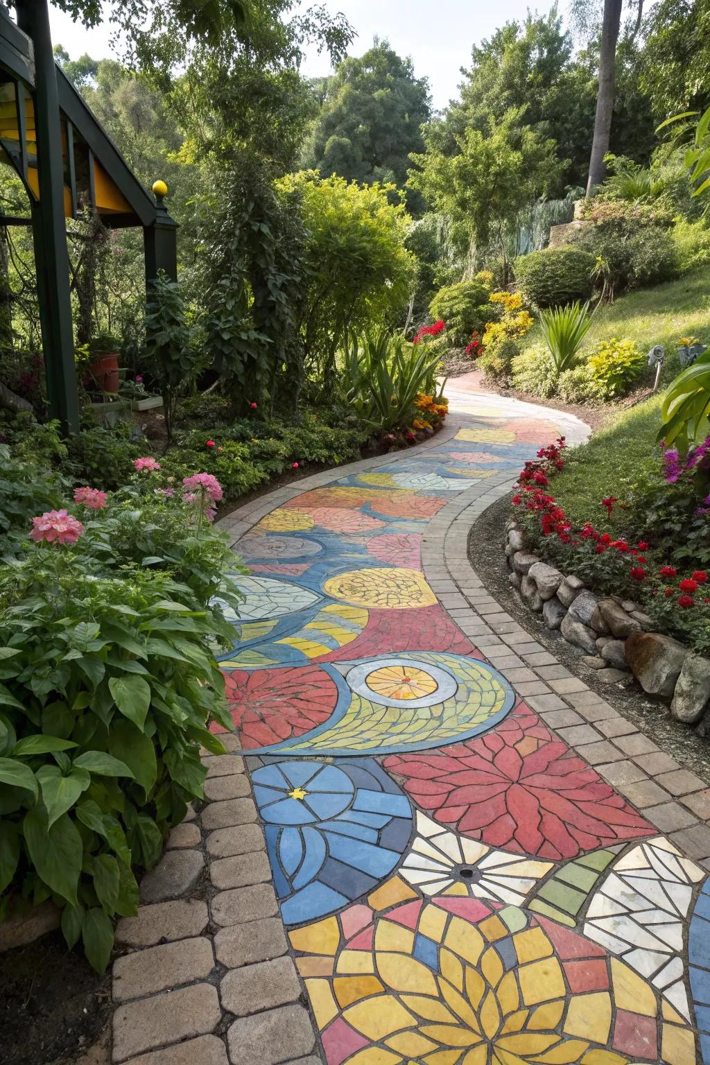 Mosaic-inspired pavers turning a simple path into an artistic masterpiece.