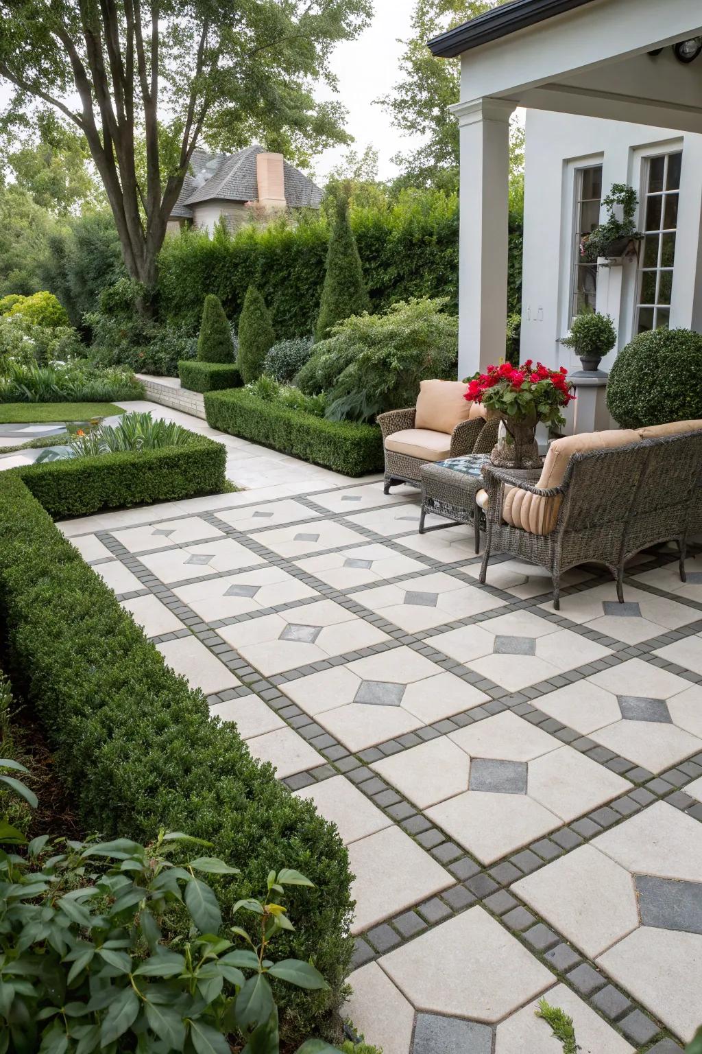 Faux tile designs on pavers elevating the style of any garden space.