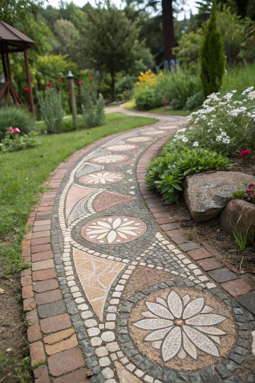 Pebble mosaic effect pavers creating a visually and tactilely engaging path.