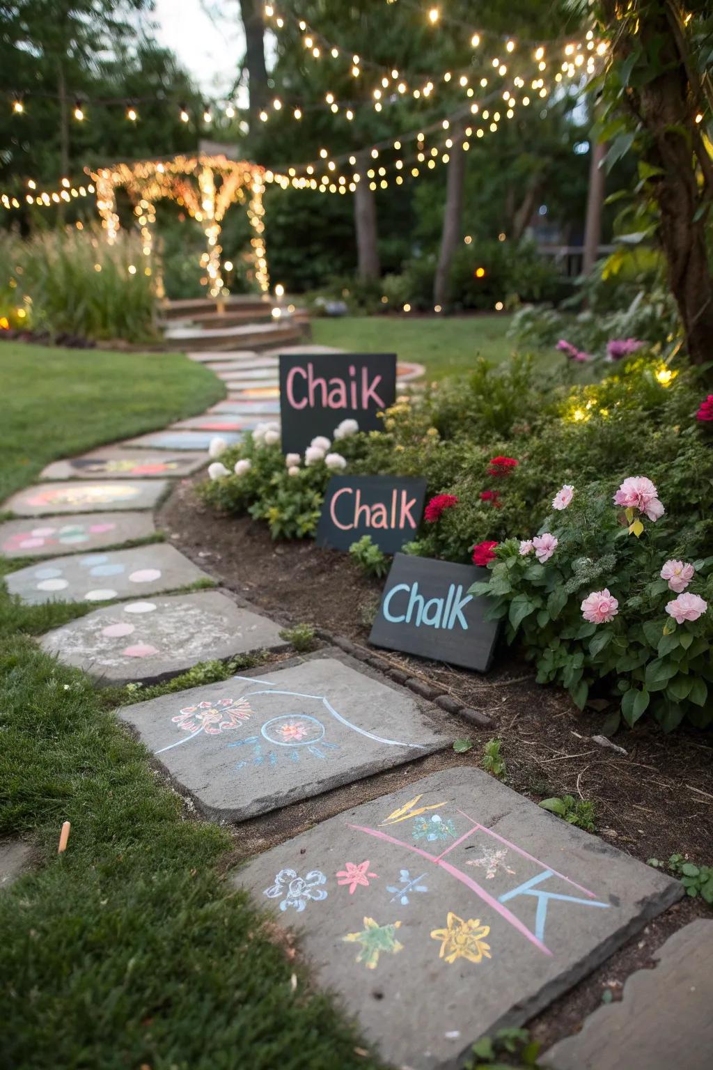 Chalkboard pavers allowing for creative and temporary garden expressions.