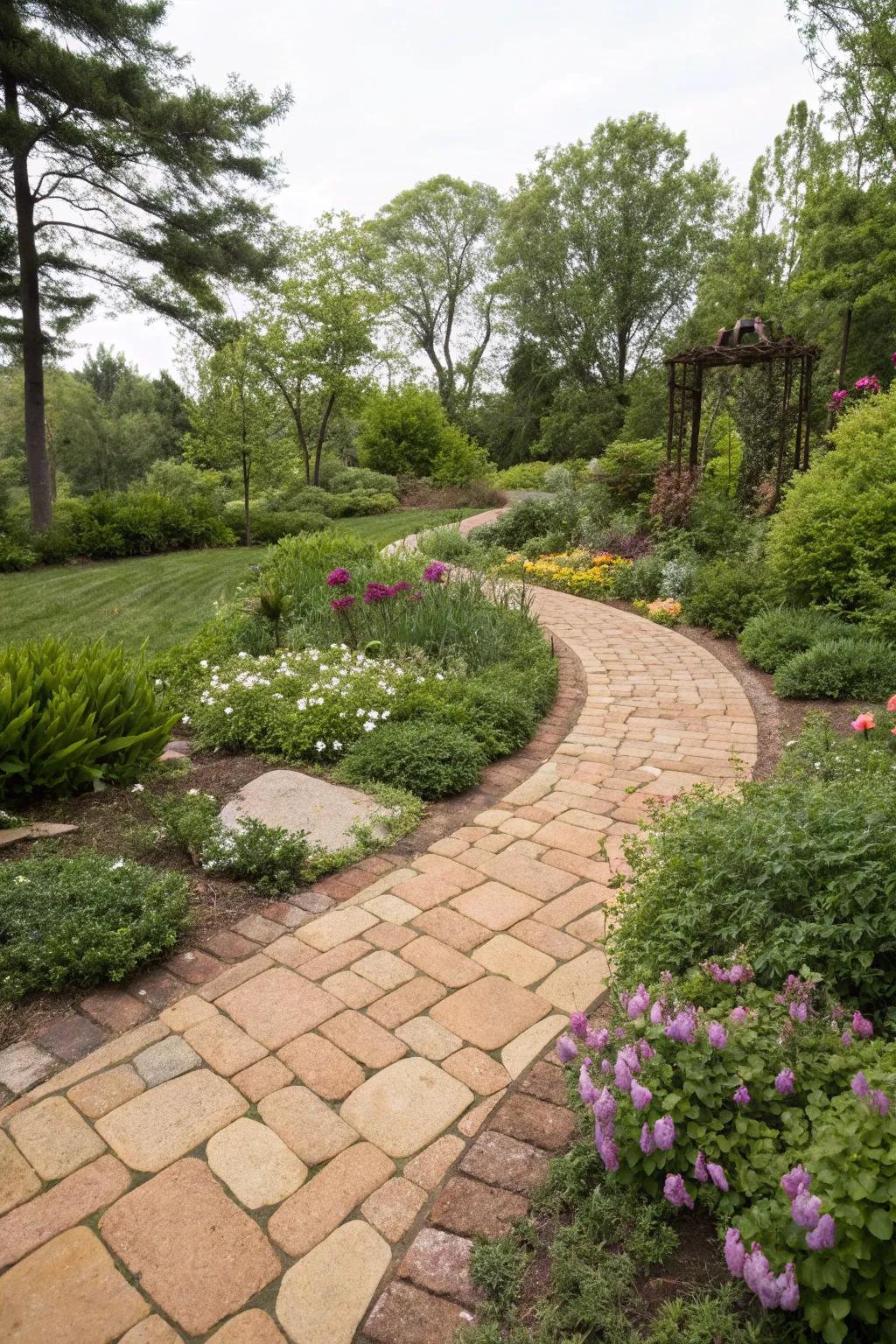 Nature-inspired palette on pavers creating a harmonious and earthy garden path.