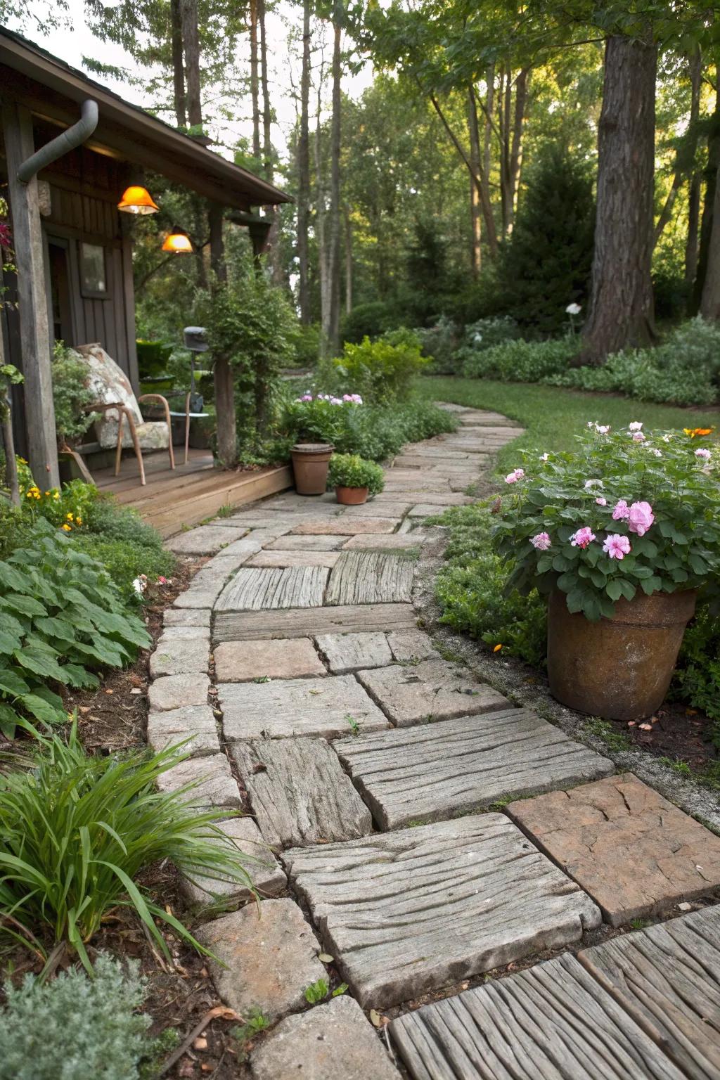 Weathered wood effect pavers providing a rustic and cozy garden path.