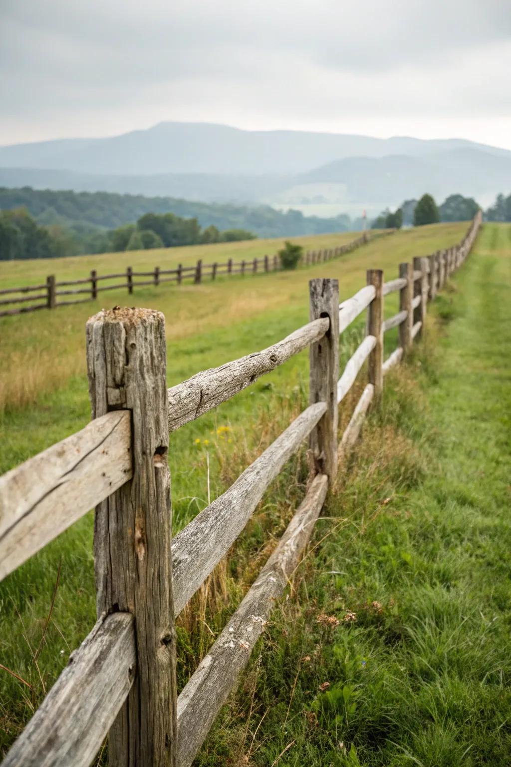 A classic wooden split-rail fence adds timeless charm.