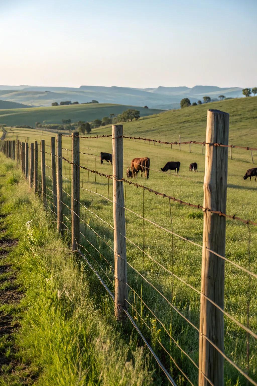 Wire fencing ensures livestock safety and security.