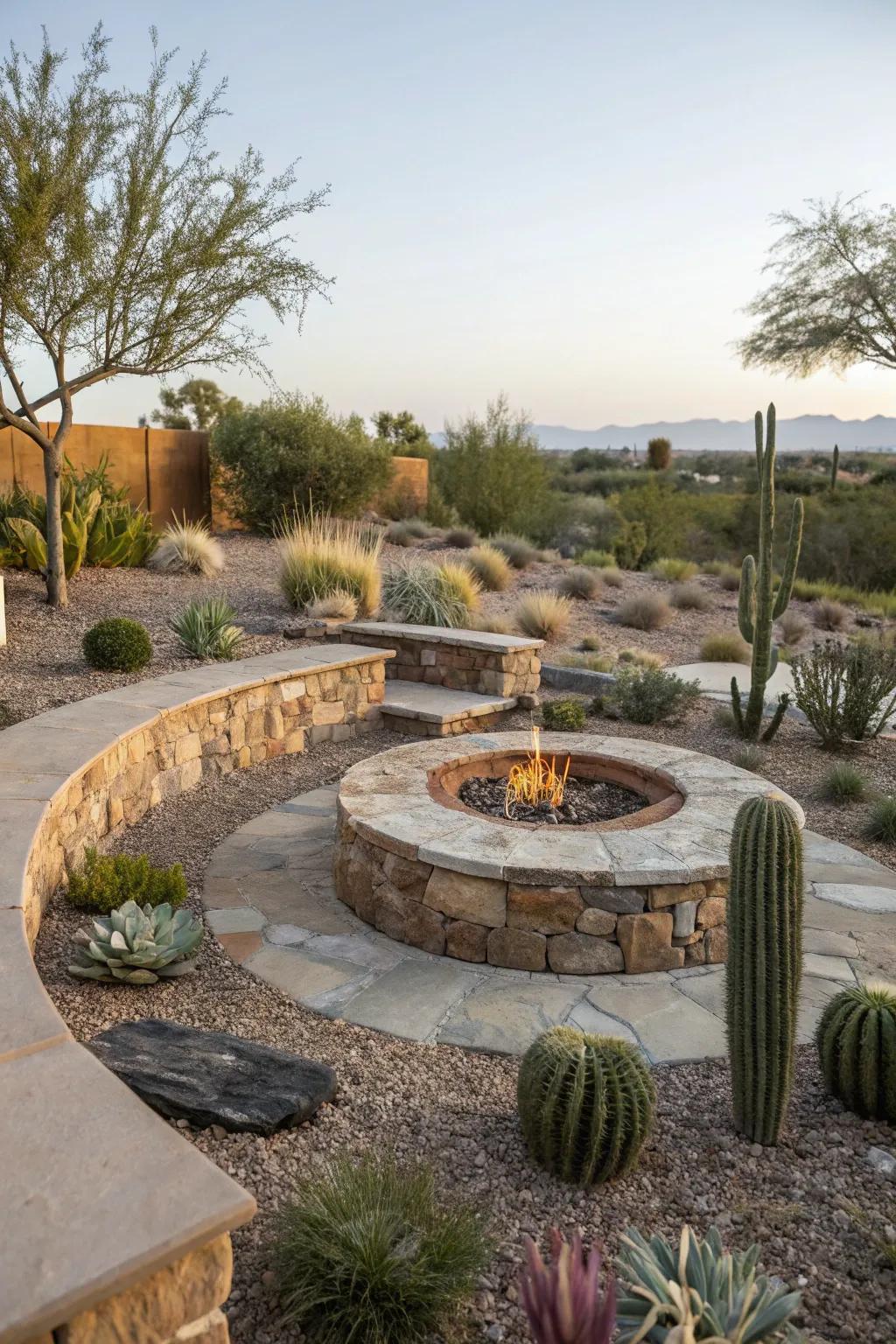 A rocky fire pit becomes a cozy gathering space.