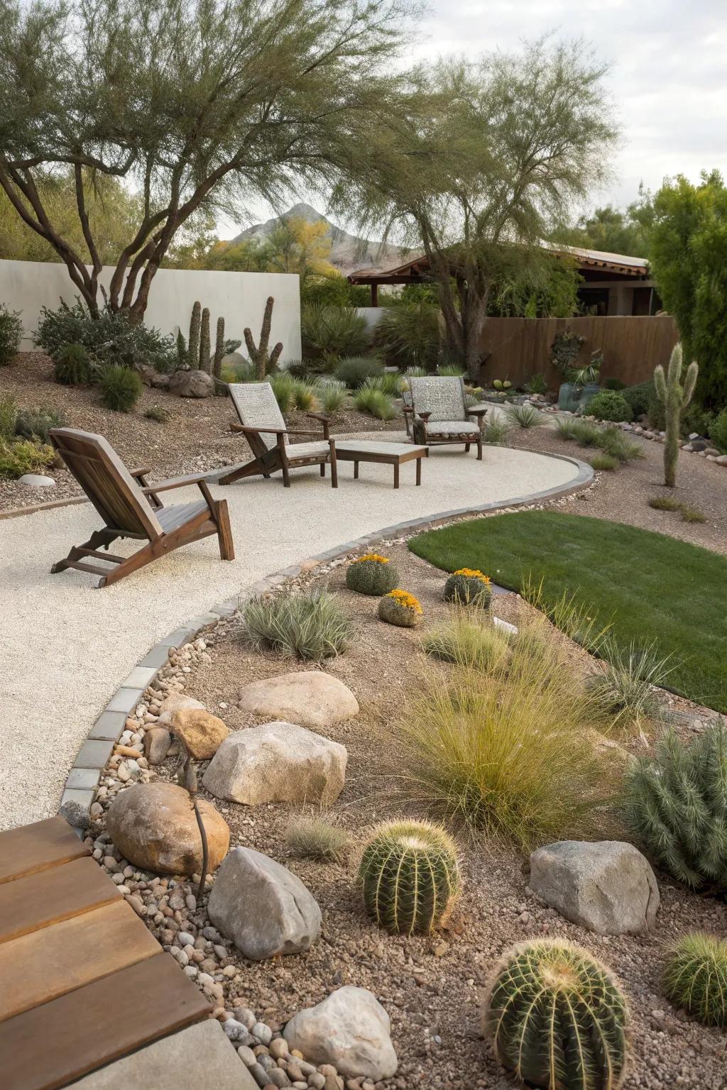 A gravel seating area offers a perfect spot for relaxation.