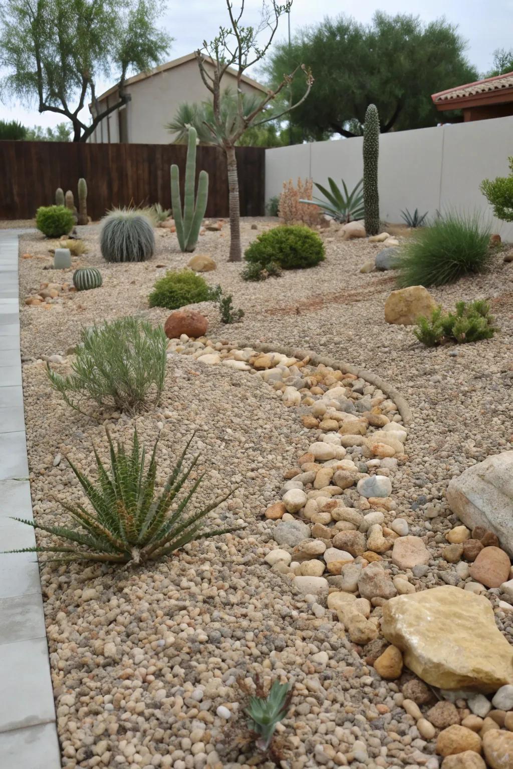 Gravel mulch adds visual texture and moisture retention to this garden.