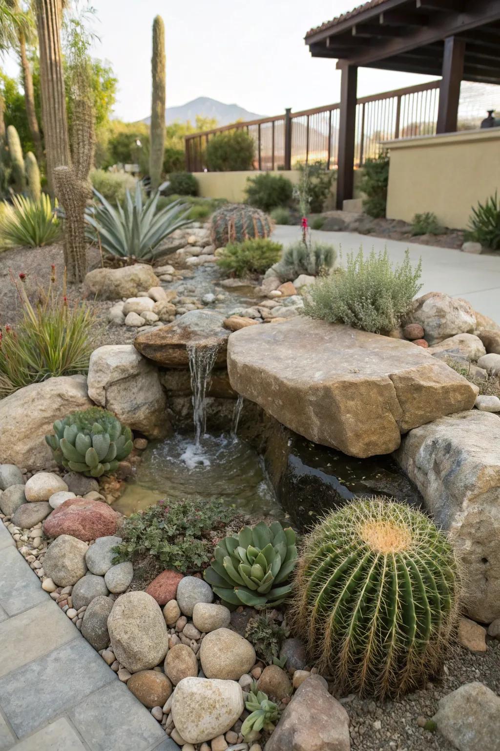 A rocky water feature adds refreshing sound and movement.