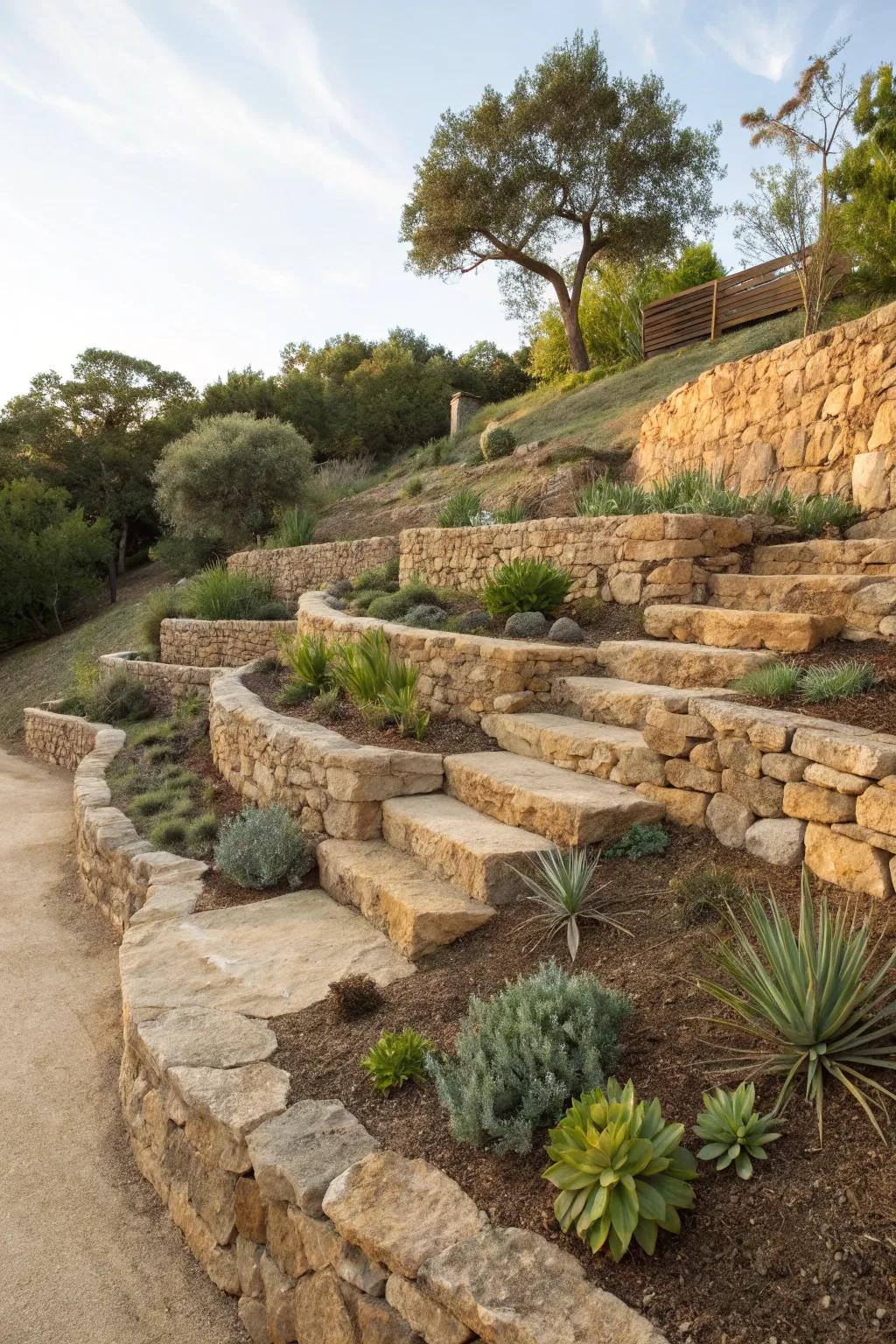 Rocky retaining walls add elegance and practicality to this landscape.