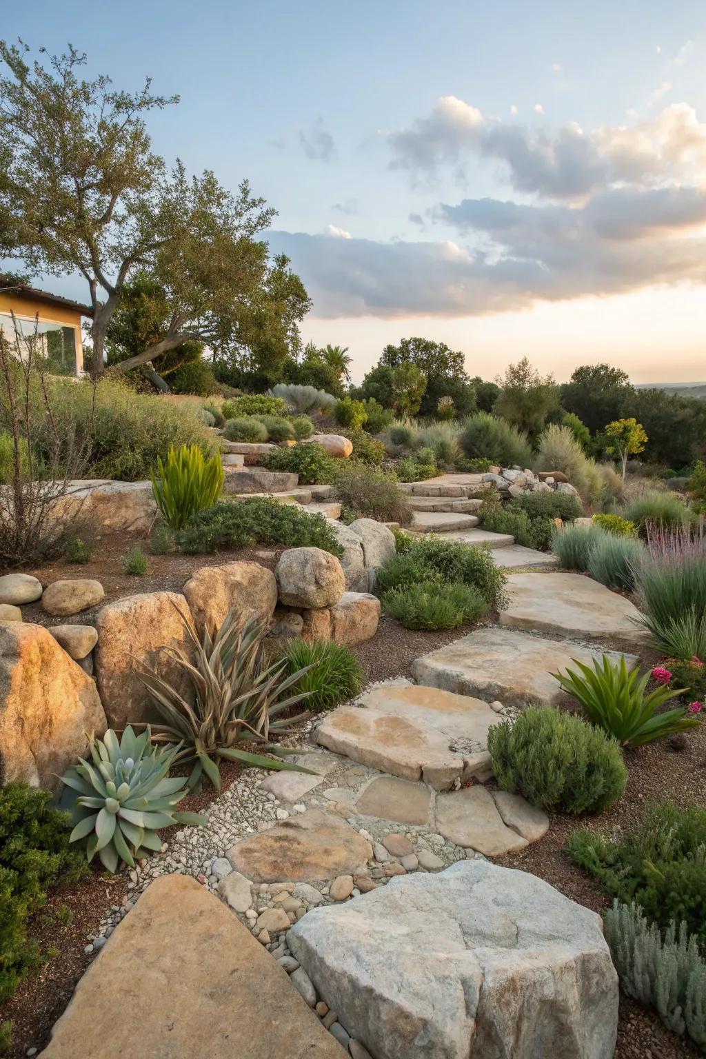 Well-defined borders with large stones create a structured aesthetic.
