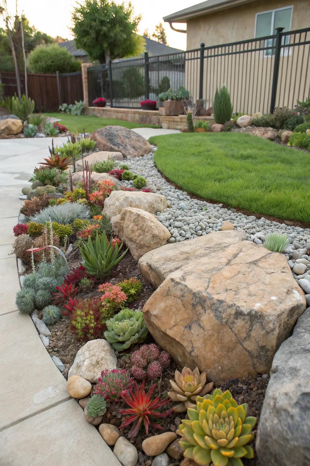 A rock garden with vibrant succulents and varied rock formations.