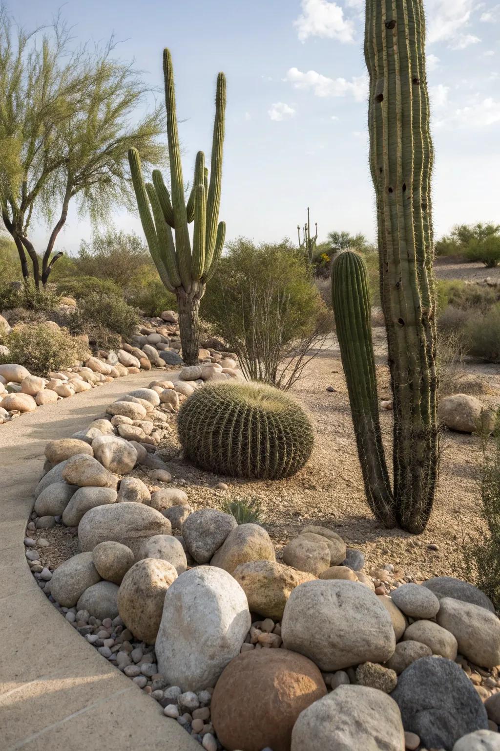 Cacti and rocks combine to create a desert oasis feel.